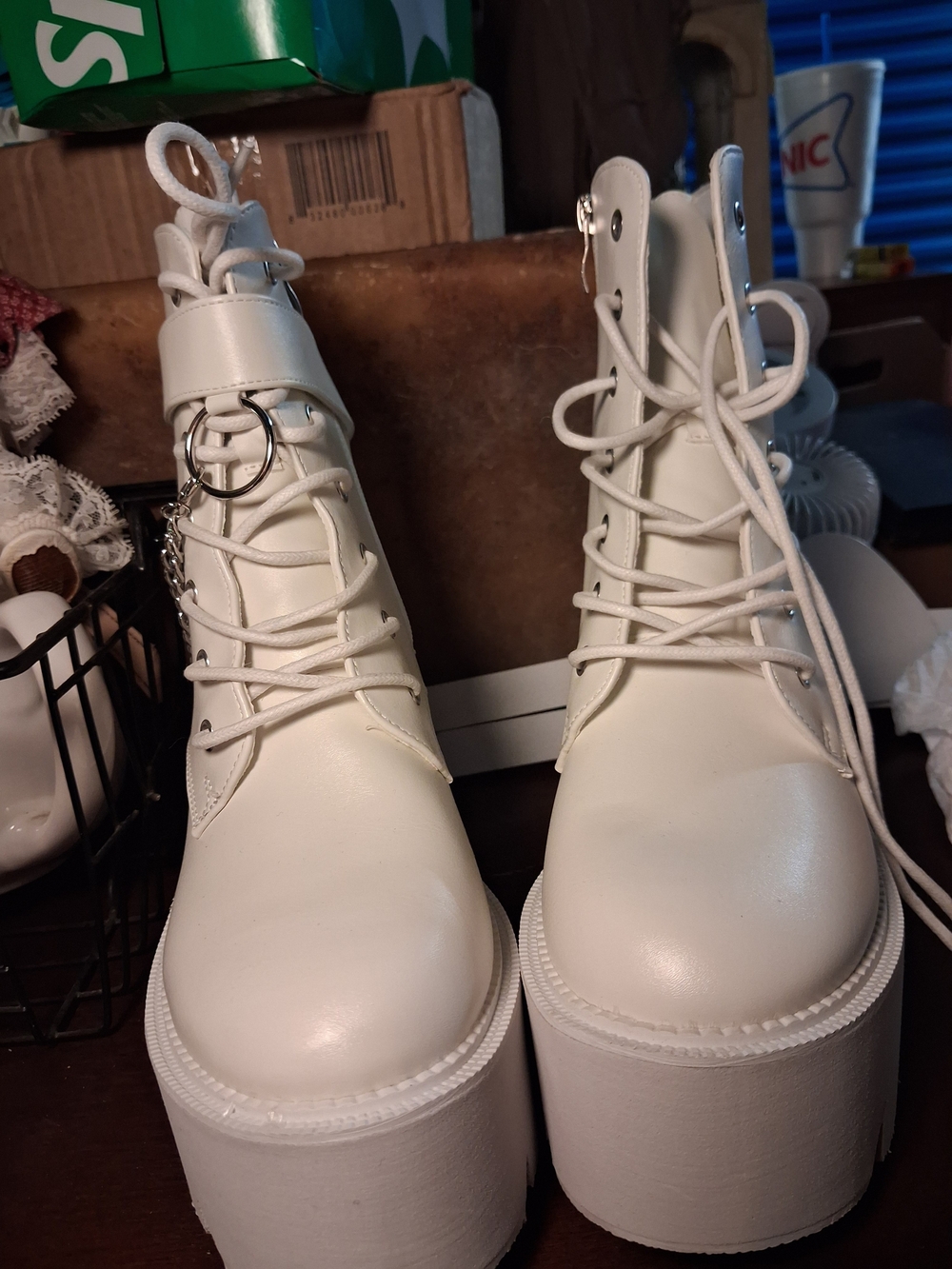 Chunky Platform Lace-Up Ankle Boots with Chain Accent - Bright White Size 9 - Picture 4 of 6